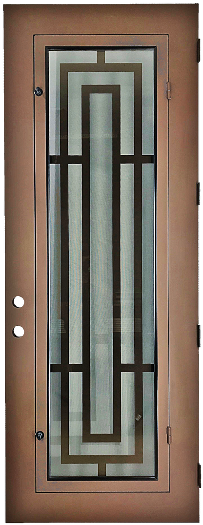 Harper style Wrought Ornamental Iron Entry security Door with hinged glass, rod iron design, powder coat and insect screen. 