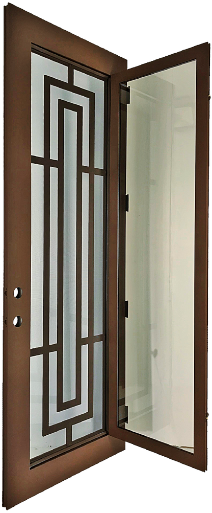 Harper style Wrought Ornamental Iron Entry security Door with hinged glass, rod iron design, powder coat and insect screen. 