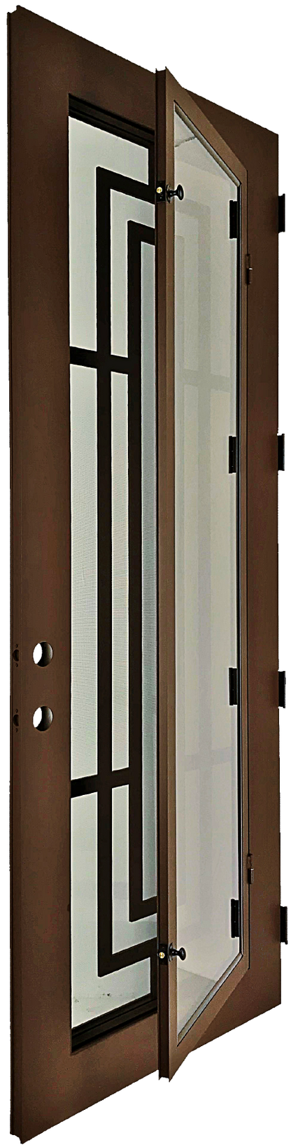 Harper style Wrought Ornamental Iron Entry security Door with hinged glass, rod iron design, powder coat and insect screen. 