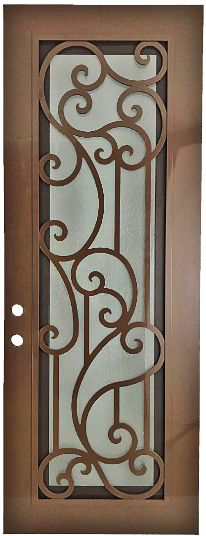 Janeva style Wrought Ornamental Iron Entry security Door with hinged glass, rod iron design, powder coat and insect screen. 