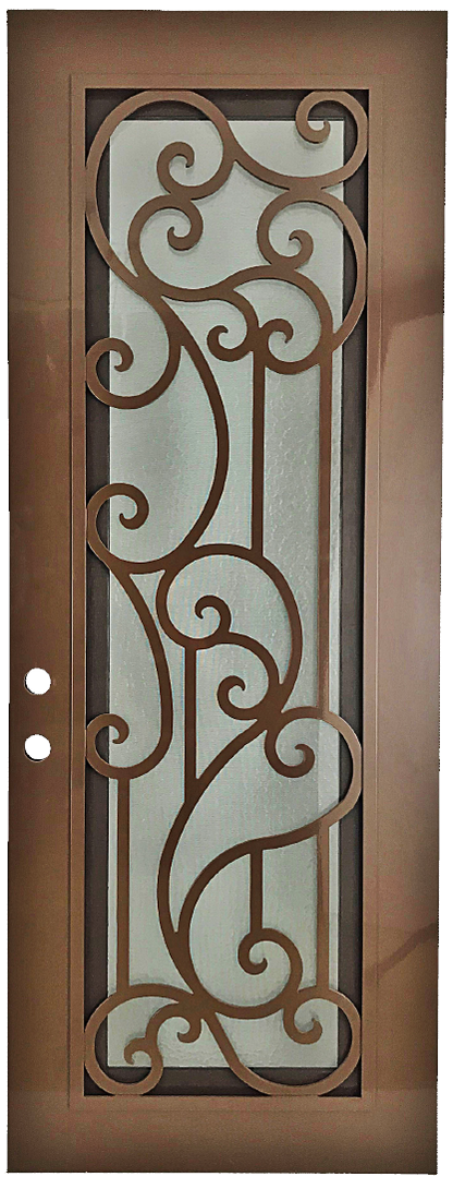 Janeva style Wrought Ornamental Iron Entry security Door with hinged glass, rod iron design, powder coat and insect screen. 