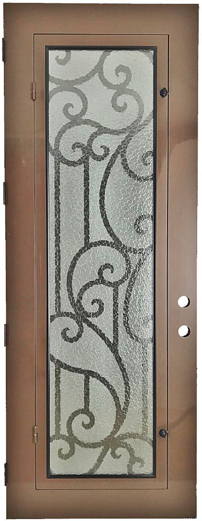 Janeva style Wrought Ornamental Iron Entry security Door with hinged glass, rod iron design, powder coat and insect screen. 