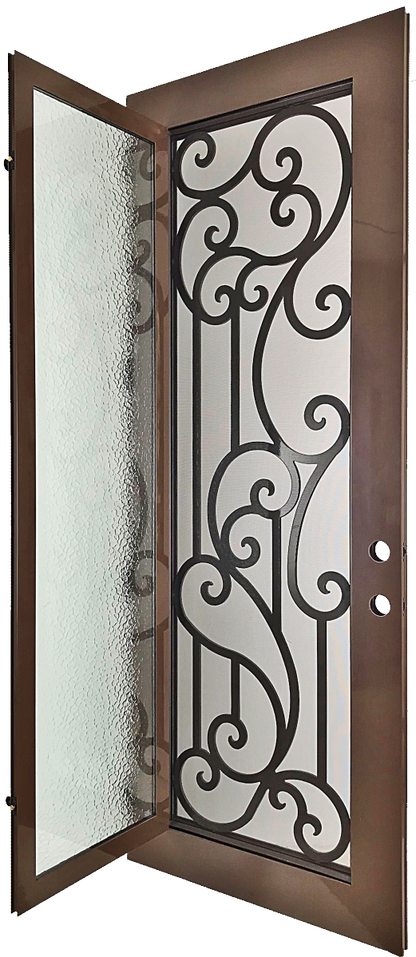 Janeva style Wrought Ornamental Iron Entry security Door with hinged glass, rod iron design, powder coat and insect screen. 