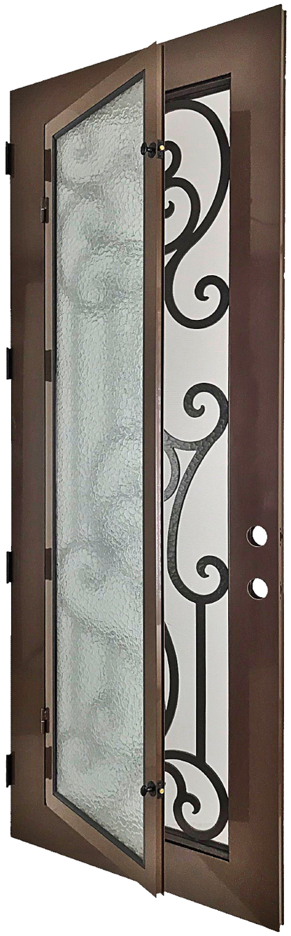 Janeva style Wrought Ornamental Iron Entry security Door with hinged glass, rod iron design, powder coat and insect screen. 