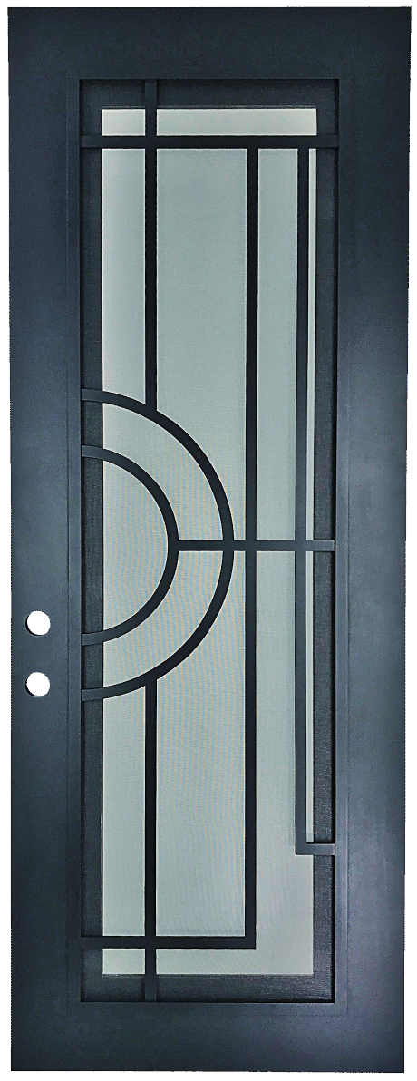 Nori style Wrought Ornamental Iron Entry security Door with hinged glass, rod iron design, powder coat and insect screen. 