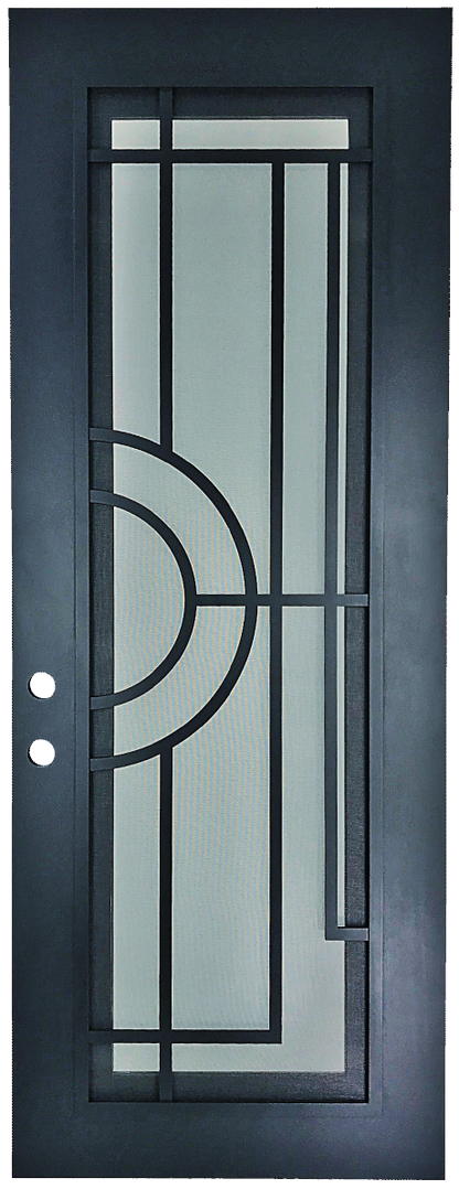 Nori style Wrought Ornamental Iron Entry security Door with hinged glass, rod iron design, powder coat and insect screen. 