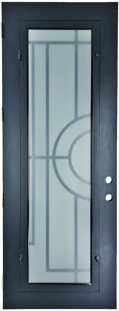 Nori style Wrought Ornamental Iron Entry security Door with hinged glass, rod iron design, powder coat and insect screen. 