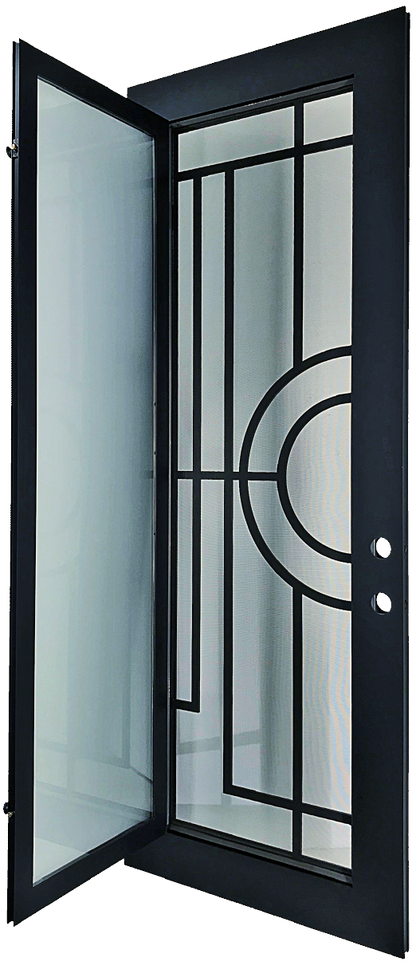 Nori style Wrought Ornamental Iron Entry security Door with hinged glass, rod iron design, powder coat and insect screen. 