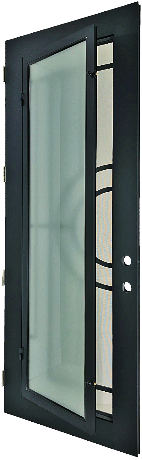 Nori style Wrought Ornamental Iron Entry security Door with hinged glass, rod iron design, powder coat and insect screen. 