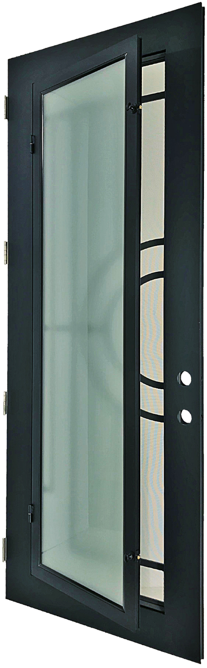 Nori style Wrought Ornamental Iron Entry security Door with hinged glass, rod iron design, powder coat and insect screen. 