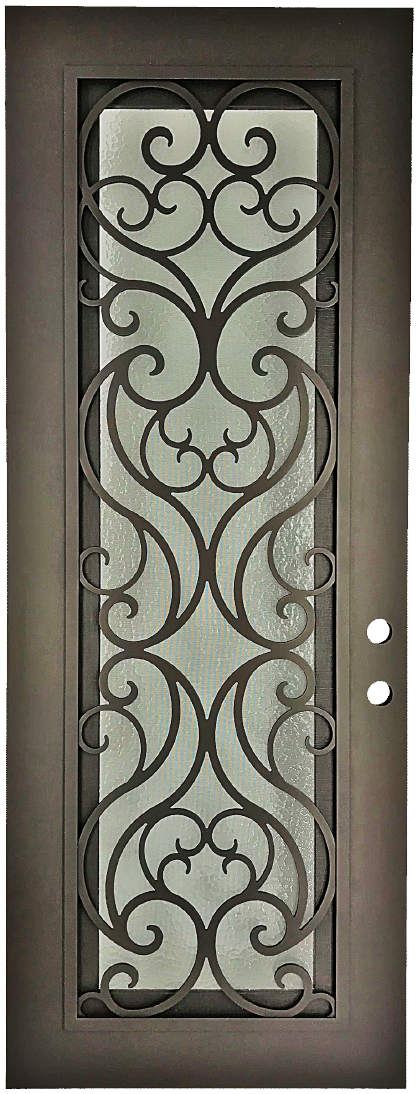 Olivie style Wrought Ornamental Iron Entry security Door with hinged glass, rod iron design, powder coat and insect screen. 