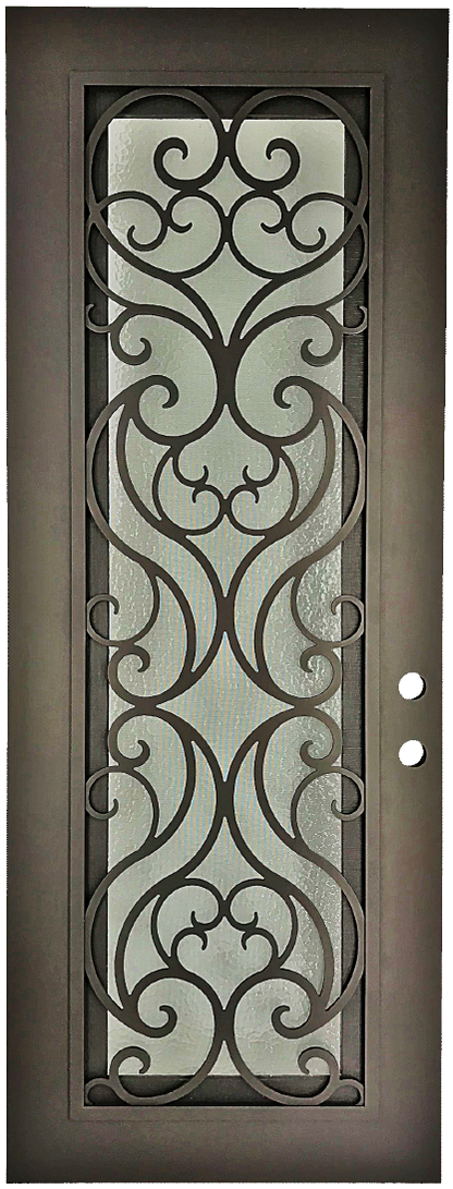 Olivie style Wrought Ornamental Iron Entry security Door with hinged glass, rod iron design, powder coat and insect screen. 