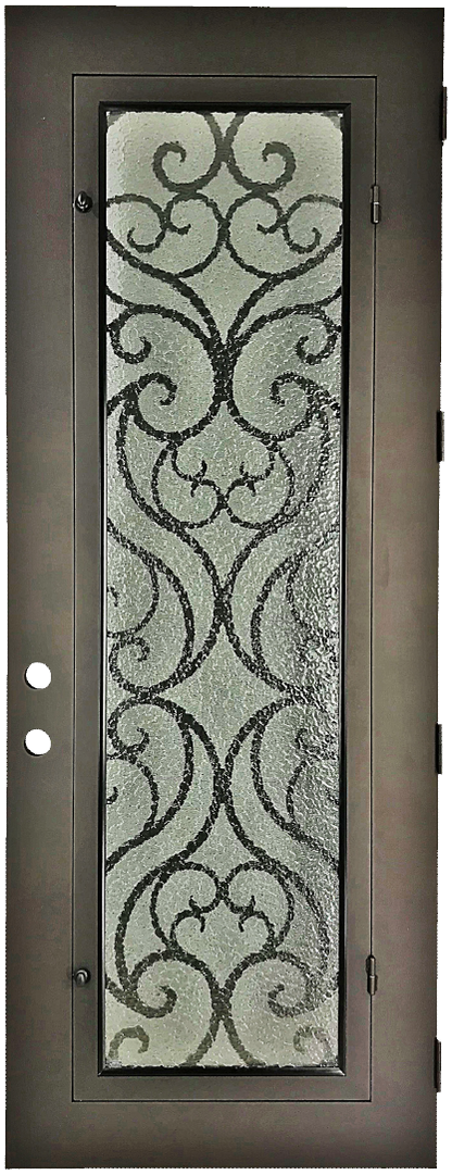 Olivie style Wrought Ornamental Iron Entry security Door with hinged glass, rod iron design, powder coat and insect screen. 