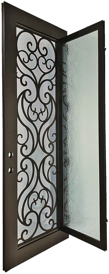 Olivie style Wrought Ornamental Iron Entry security Door with hinged glass, rod iron design, powder coat and insect screen. 