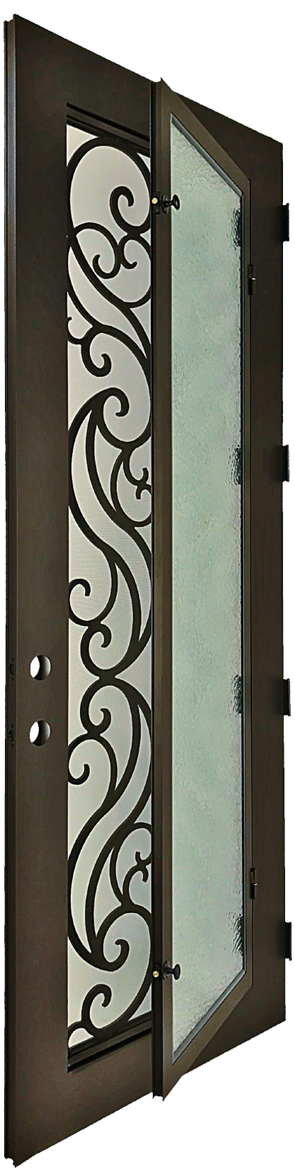 Olivie style Wrought Ornamental Iron Entry security Door with hinged glass, rod iron design, powder coat and insect screen. 