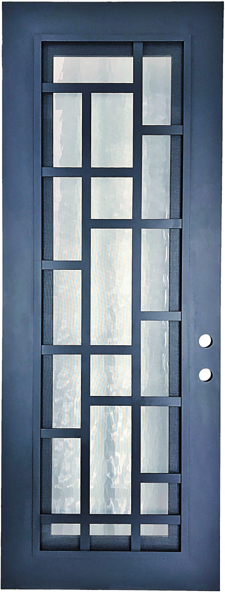 Rochester style Wrought Ornamental Iron Entry security Door with hinged glass, rod iron design, powder coat and insect screen. 