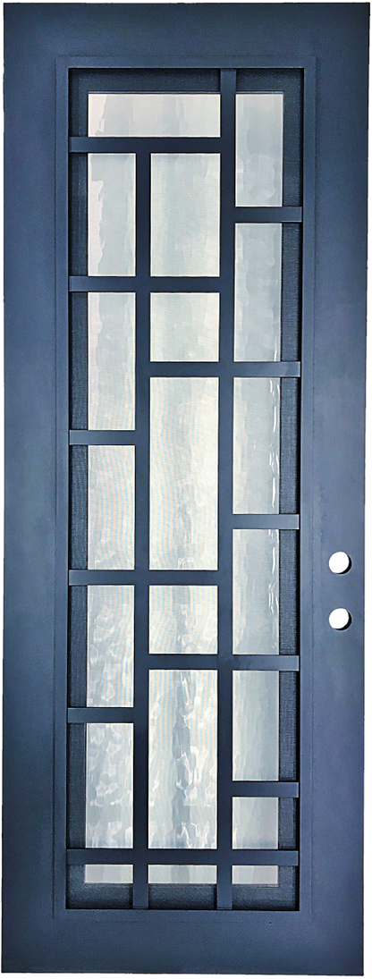 Rochester style Wrought Ornamental Iron Entry security Door with hinged glass, rod iron design, powder coat and insect screen. 