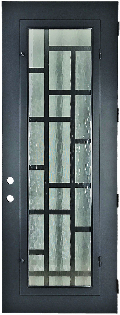 Rochester style Wrought Ornamental Iron Entry security Door with hinged glass, rod iron design, powder coat and insect screen. 