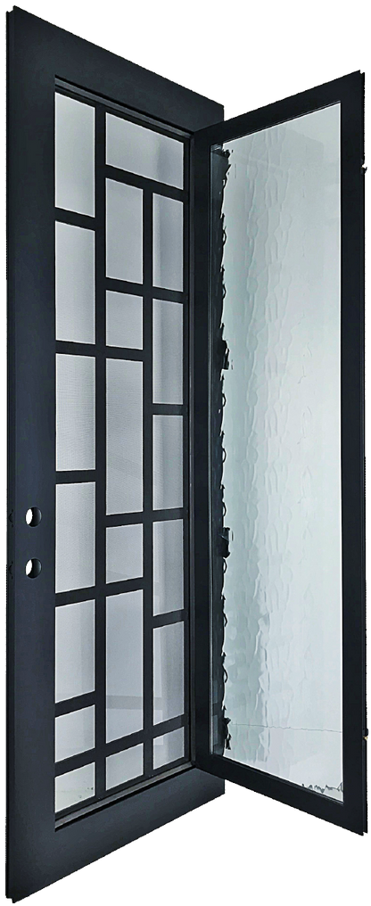 Rochester style Wrought Ornamental Iron Entry security Door with hinged glass, rod iron design, powder coat and insect screen. 