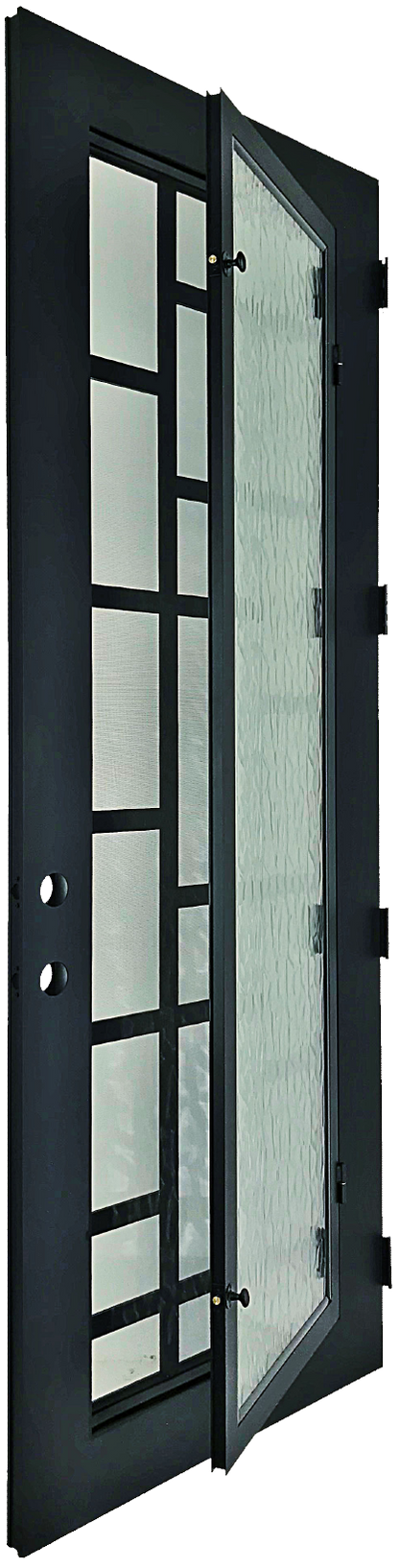 Rochester style Wrought Ornamental Iron Entry security Door with hinged glass, rod iron design, powder coat and insect screen. 