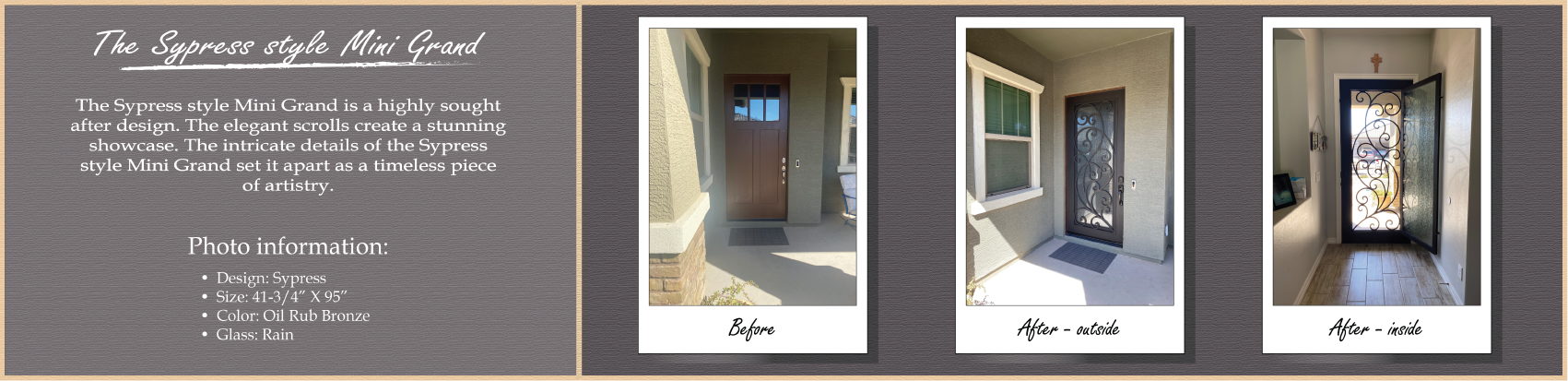 The Sypress Mini Grand. Replace your front door with upgrades that include security door benefits and elegant iron door stylings