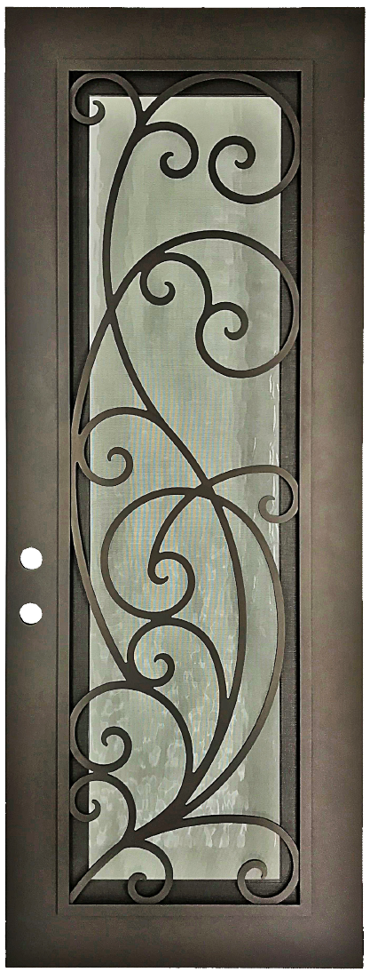 Sypress style Wrought Ornamental Iron Entry security Door with hinged glass, rod iron design, powder coat and insect screen. 