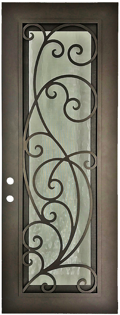 Sypress style Wrought Ornamental Iron Entry security Door with hinged glass, rod iron design, powder coat and insect screen. 