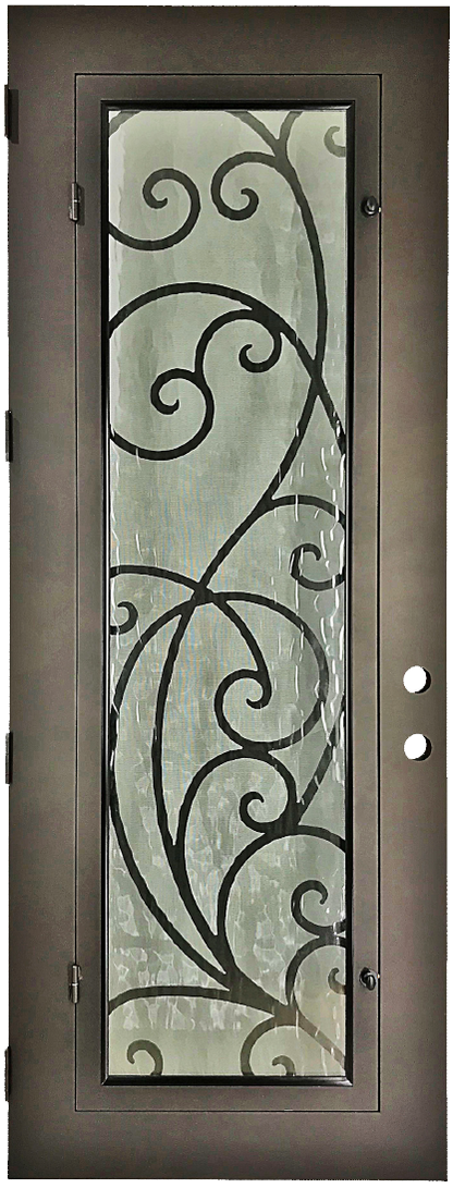 Sypress style Wrought Ornamental Iron Entry security Door with hinged glass, rod iron design, powder coat and insect screen. 