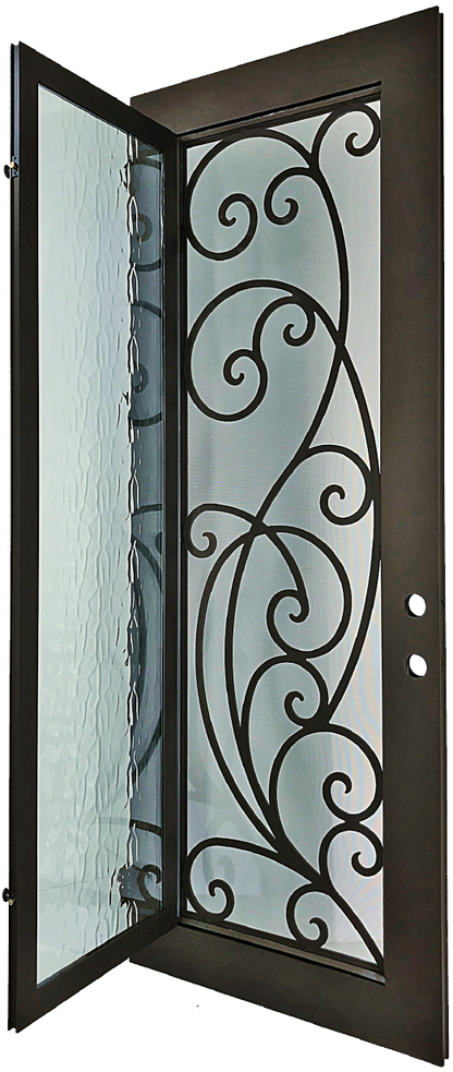 Sypress style Wrought Ornamental Iron Entry security Door with hinged glass, rod iron design, powder coat and insect screen. 