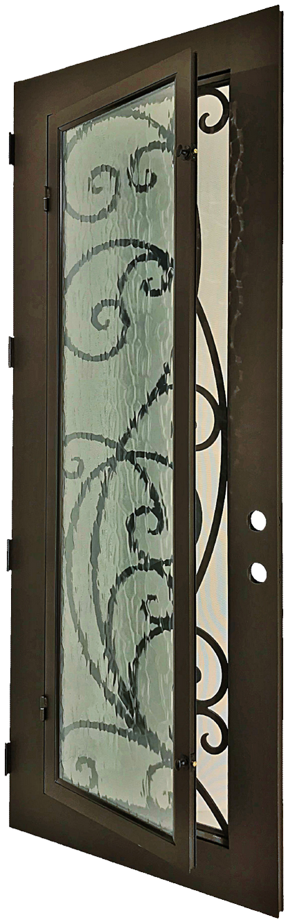 Sypress style Wrought Ornamental Iron Entry security Door with hinged glass, rod iron design, powder coat and insect screen. 