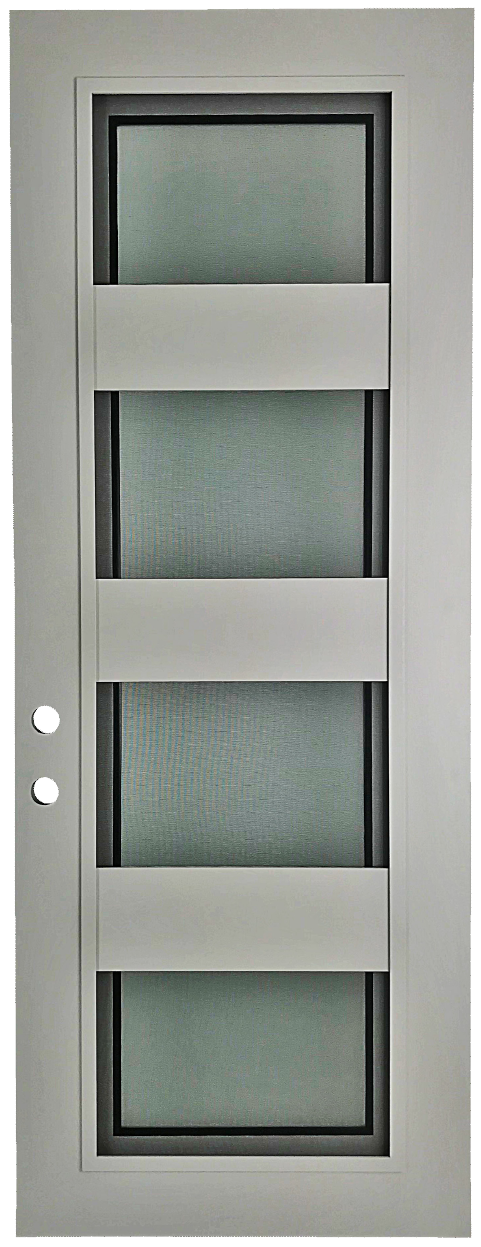 Ventura style Wrought Ornamental Iron Entry security Door with hinged glass, rod iron design, powder coat and insect screen. 