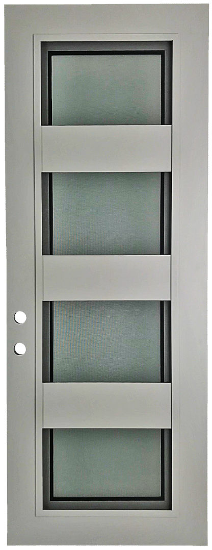 Ventura style Wrought Ornamental Iron Entry security Door with hinged glass, rod iron design, powder coat and insect screen. 