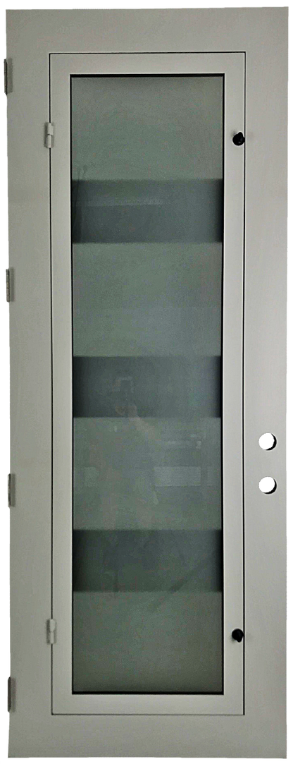 Ventura style Wrought Ornamental Iron Entry security Door with hinged glass, rod iron design, powder coat and insect screen. 