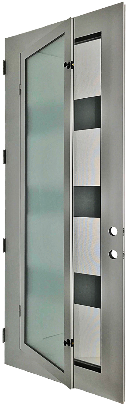 Ventura style Wrought Ornamental Iron Entry security Door with hinged glass, rod iron design, powder coat and insect screen. 